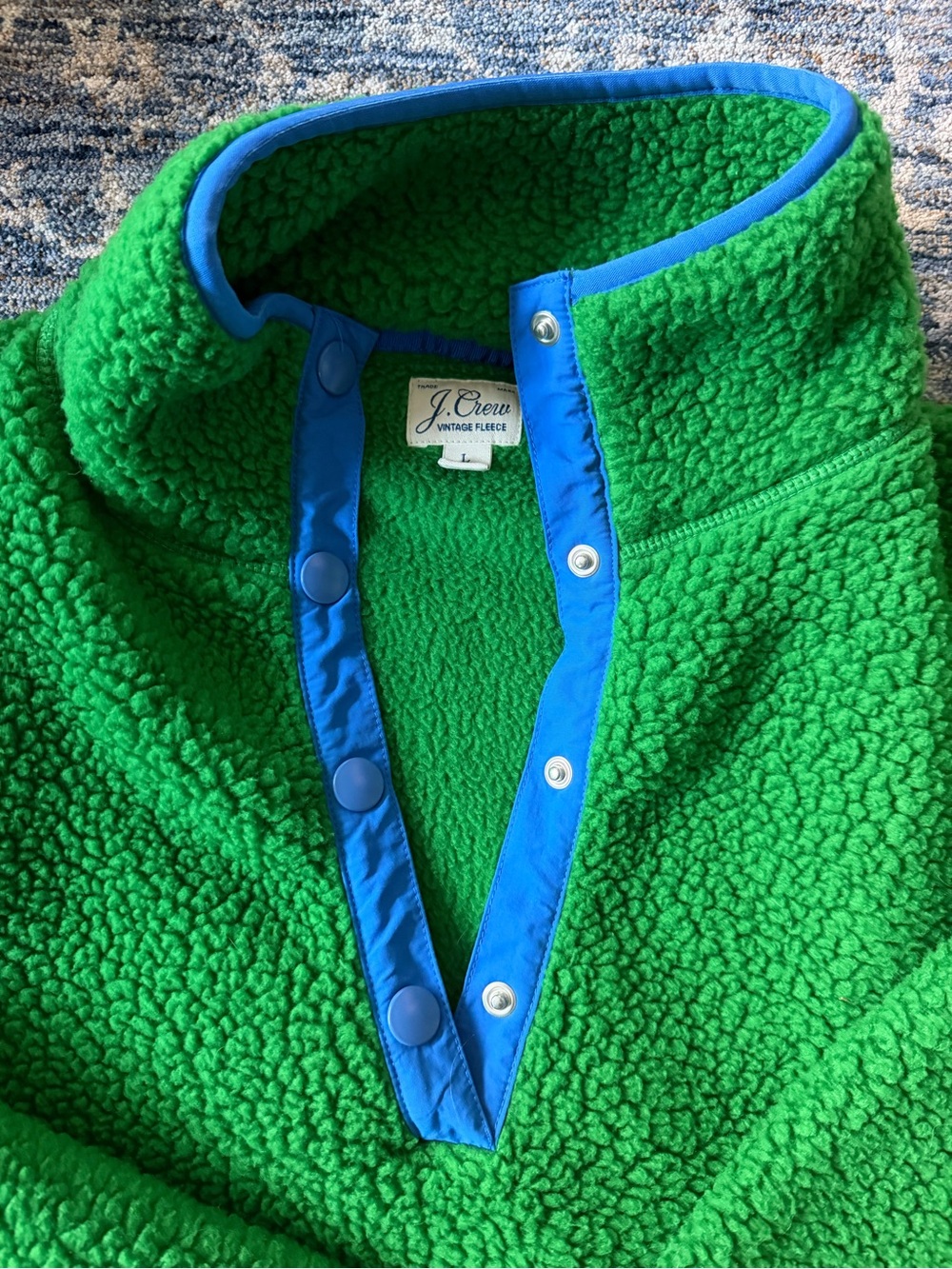 J. Crew Vintage Fleece Green Sherpa Snap Pullover with Blue Trim, Women’s Large
